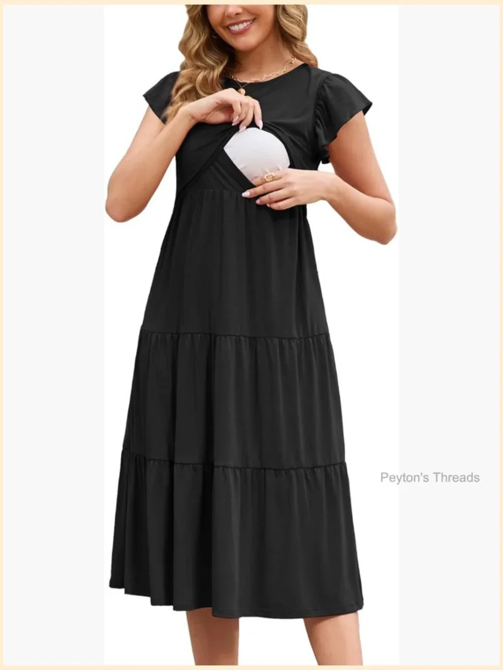 Nursing Dress Flutter Sleeve Crew Neck Tiered Maternity Midi Breastfeeding Dress